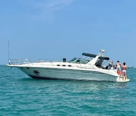 Yacht anchored on Lake Michigan near Chicago with guests gathered on the swim platform.